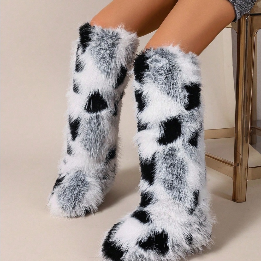 SHEIN Black and White Over the Knee Boots Faux Fur